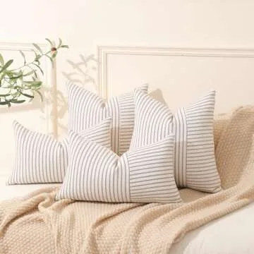Hckot Grey and Beige Patchwork Farmhouse Throw Pillow Covers 20 x 20 Inch, Pack of 2 Striped Linen Decorative Pillow Case for Sofa Couch Chair Bedroom Modern Decor (20" x 20", Grey)