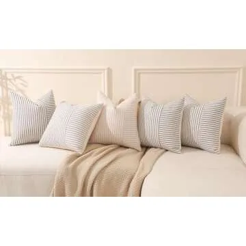 Hckot Grey and Beige Patchwork Farmhouse Throw Pillow Covers 20 x 20 Inch, Pack of 2 Striped Linen Decorative Pillow Case for Sofa Couch Chair Bedroom Modern Decor (20" x 20", Grey)