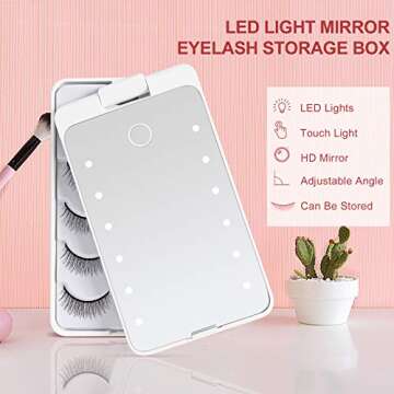 Buqikma Eyelash Storage Box Eyelash Case with Makeup Mirror and Light Portable Eyelash Case Holder Dimmable False Eyelash Storage Organizer Touch Screen Sample Display Container for Women and Girls