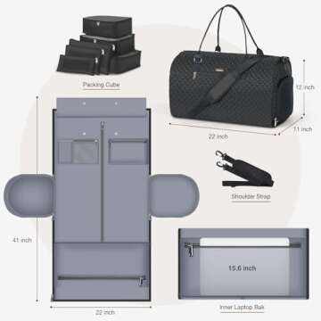 LekeSpring Garment Bags with 6 Set Packing Cubes, Garment Convertible Weekender Bag for Men and Women, Large Carry On Garment Bags for Travel, Duffle Bag Garment Bag Gifts Black Color