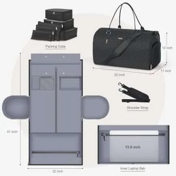 LekeSpring Garment Bags with 6 Set Packing Cubes, Garment Convertible Weekender Bag for Men and Women, Large Carry On Garment Bags for Travel, Duffle Bag Garment Bag Gifts Black Color