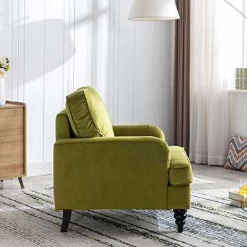 DM Furniture Midcentury Modern Accent Chair Velvet Arm Chairs Comfy Reading Chair Single Sofa Couch for Bedroom/Living Room/Salon, Olive Green