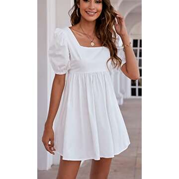 Rozegaga Womens Sexy Puffed Sleeve Backless Lace Up Babydoll Mini Dresses White Medium