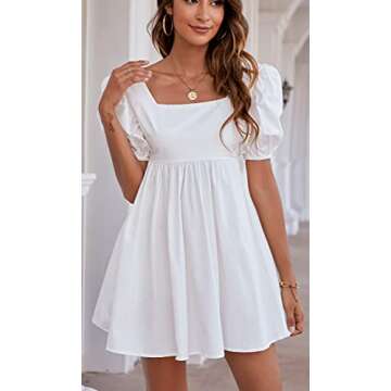 Rozegaga Womens Sexy Puffed Sleeve Backless Lace Up Babydoll Mini Dresses White Medium