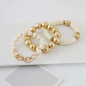 LALAPPLE Gold Plated Beaded Acrylic Bamboo Tube Bangle Bracelets for Women Colorful Chunky Curved Tu...