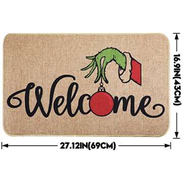 Erweicet Christmas Door Mat Xmas Welcome Christmas Mat Non-Slip and Washable Winter Doormat Rubber Back Snowflakes Door Mat Rugs for Indoor Outdoor(Green Hand Pattern)