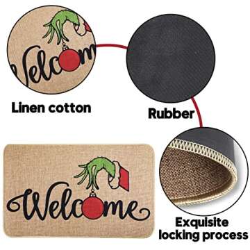 Erweicet Christmas Door Mat Xmas Welcome Christmas Mat Non-Slip and Washable Winter Doormat Rubber Back Snowflakes Door Mat Rugs for Indoor Outdoor(Green Hand Pattern)