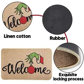 Erweicet Christmas Door Mat Xmas Welcome Christmas Mat Non-Slip and Washable Winter Doormat Rubber Back Snowflakes Door Mat Rugs for Indoor Outdoor(Green Hand Pattern)