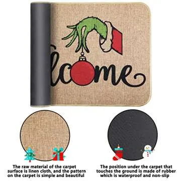 Erweicet Christmas Door Mat Xmas Welcome Christmas Mat Non-Slip and Washable Winter Doormat Rubber Back Snowflakes Door Mat Rugs for Indoor Outdoor(Green Hand Pattern)