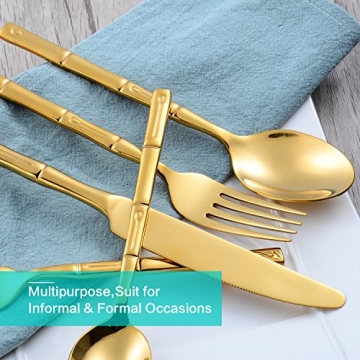 Flatasy Gold Flatware Set with Bamboo Pattern - 20 Pieces