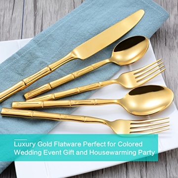 Flatasy Gold Flatware Set with Bamboo Pattern - 20 Pieces