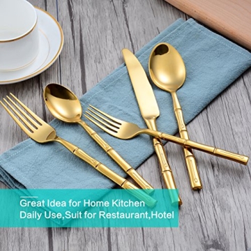 Flatasy Gold Flatware Set with Bamboo Pattern - 20 Pieces