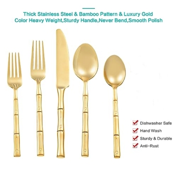 Flatasy Gold Flatware Set with Bamboo Pattern - 20 Pieces