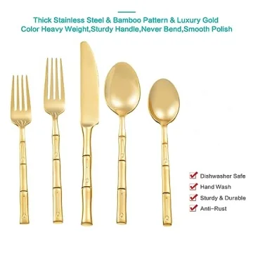 Flatasy Gold Flatware Set with Bamboo Pattern - 20 Pieces