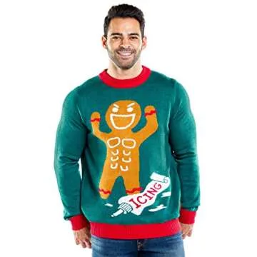 Tipsy Elves Ugly Christmas Sweaters for Men - Colorful and Funny Men's Christmas Sweaters - Hilarious Holiday Pullovers - Men's Green Gingerbread Man Roid Rage Christmas Ugly Sweater Size Medium