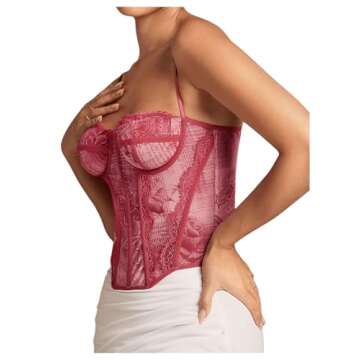 SHENHE Women's Lace Floral Corset Top Sexy Mesh Backless Going Out Bustier Crop Top Pink L