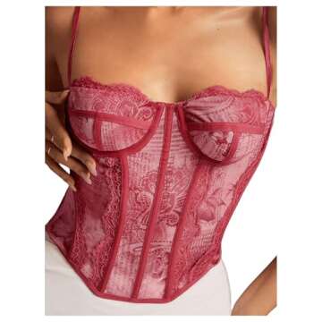 SHENHE Women's Lace Floral Corset Top Sexy Mesh Backless Going Out Bustier Crop Top Pink L