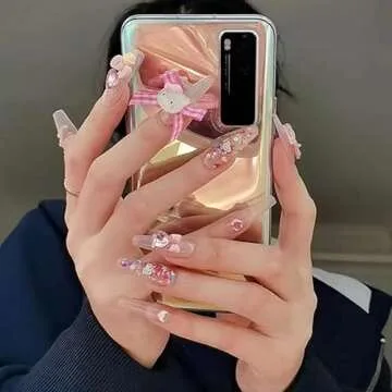 Y2K Pink Rabbit Rhinestone Heart Press on Nails for Stylish Looks