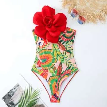 Beach Cover Up Women Floral One Piece Swimsuits for Women Sarong Skirt Wrap 2 Pieces Swimming Suit Floral Print Swimsuit Ruffle Bathing Suits Monokini Padded Bathing Suit Skirt Set Red 3D Flower XL