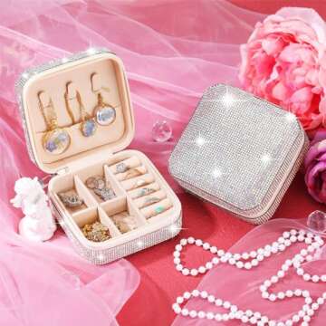 Ecation Rhinestone Travel Jewelry Case Bling Small Jewelry Box Jewelry Organizer Box Portable Jewelry Case Bridesmaid Gift Mini Storage Organizer Storage Box for Women Girls(White)