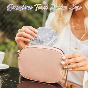 Ecation Rhinestone Travel Jewelry Case Bling Small Jewelry Box Jewelry Organizer Box Portable Jewelry Case Bridesmaid Gift Mini Storage Organizer Storage Box for Women Girls(White)