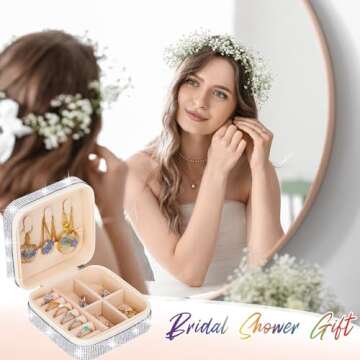 Ecation Rhinestone Travel Jewelry Case Bling Small Jewelry Box Jewelry Organizer Box Portable Jewelry Case Bridesmaid Gift Mini Storage Organizer Storage Box for Women Girls(White)