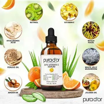 PURA D'OR 20% Vitamin C Serum 4 Oz - Lightweight Maximum Strength Formula - Retinol, Hyaluronic Acid, Ferulic Acid - Professional Grade Treatment For Face & Eyes, Wrinkles - Men & Women