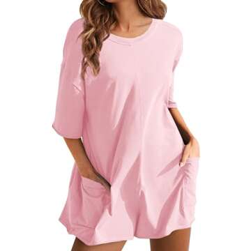 Yeokou Rompers for Women Casual Short Sleeve Oversized Athletic Workout Reversible Hot Shot Tee Romper Deep Pockets(Pink-L)