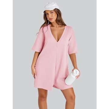 Yeokou Rompers for Women Casual Short Sleeve Oversized Athletic Workout Reversible Hot Shot Tee Romper Deep Pockets(Pink-L)