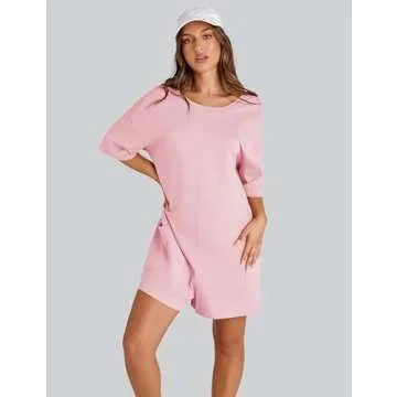 Yeokou Rompers for Women Casual Short Sleeve Oversized Athletic Workout Reversible Hot Shot Tee Romper Deep Pockets(Pink-L)