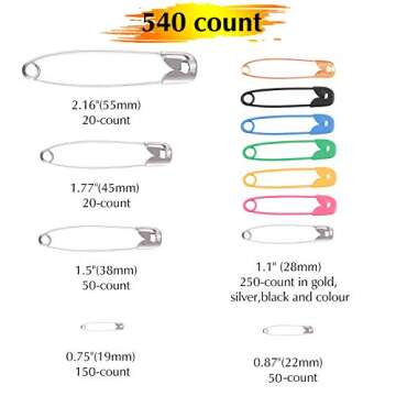 TUPARKA 540 Count Multicolor Safety Pins Assorted 19mm 22mm 28mm 38mm 45mm 55mm for Art Craft Sewing...