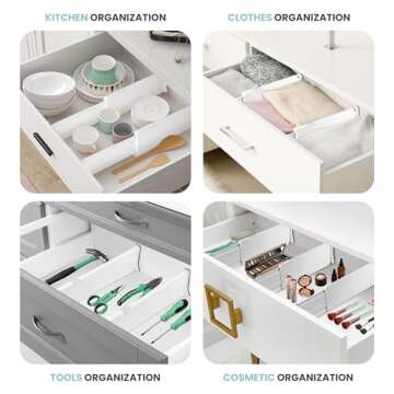 RAPTUROUS Adjustable Drawer Dividers 4 Pack, 4” High, 11-17” Long, Dresser Drawer Divider for Bedroom, Closet, Kitchen, Nursery Organization, Office, Strong & Sturdy Hold, Soft Foam Edges（White）