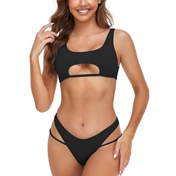 SherryDC Women's Sexy Scoop Neck Padded Cutout Strappy Thong Bikini Set Swimsuit Black