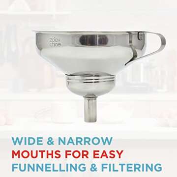 Zoie + Chloe 3-in-1 Stainless Steel Funnel Set - Kitchen Funnels with Detachable Fine Mesh Filter & ...