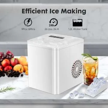 Sweetcrispy Countertop Ice Maker, Portable Ice Machine Self-Cleaning, 9 Cubes in 6 Mins, 26 lbs/24Hrs, 2 Sizes of Bullet Ice for Home Party Office, Light White