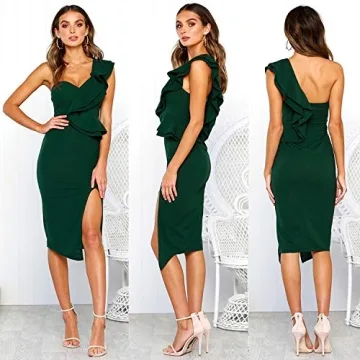 ECOWISH Sexy Ruffle One Shoulder Midi Dress Elegant Party Wear