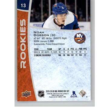 2019-20 Upper Deck NHL Rookie Box Set Hockey #13 Noah Dobson New York Islanders Official NHL Rookie ...