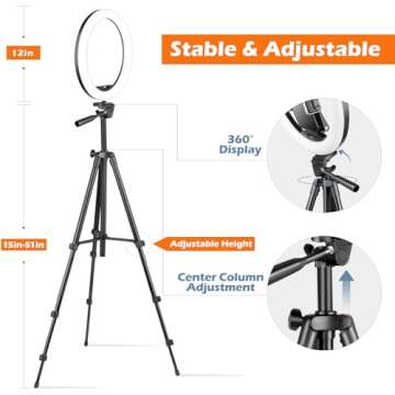 Sensyne 12'' Ring Light with Tripod Stand, LED Selfie Ring Light with Stand & Phone Holder for Photography/Recording/YouTube/TikTok, Compatible with All Cell Phones/Cameras, 12inRL