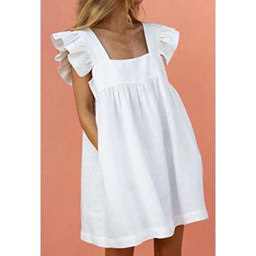 TOLENY Women's Loose Ruffle Sleeveless Mini Dress Square Neck Babydoll Swing Boho Dresses with Pockets White X-Large