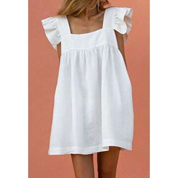 TOLENY Women's Loose Ruffle Sleeveless Mini Dress Square Neck Babydoll Swing Boho Dresses with Pockets White X-Large