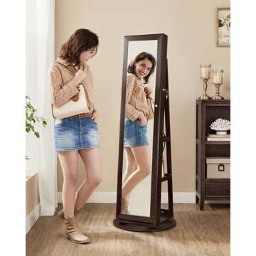 SONGMICS 360° Swivel Jewelry Cabinet, Lockable Jewelry Organizer with Full-Length Mirror, Rear Stor...
