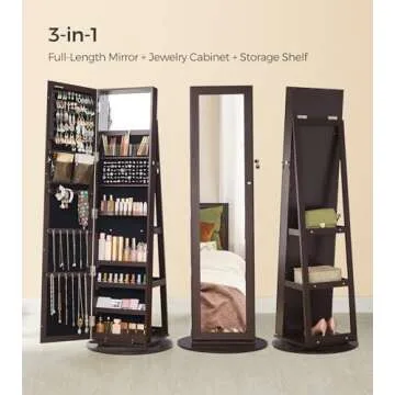 SONGMICS 360° Swivel Jewelry Cabinet, Lockable Jewelry Organizer with Full-Length Mirror, Rear Storage Shelves, Interior Mirror, Jewelry Armoire, Gift Idea, Brown UJJC006R01