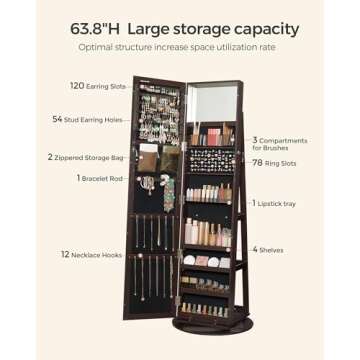 SONGMICS 360° Swivel Jewelry Cabinet, Lockable Jewelry Organizer with Full-Length Mirror, Rear Storage Shelves, Interior Mirror, Jewelry Armoire, Gift Idea, Brown UJJC006R01
