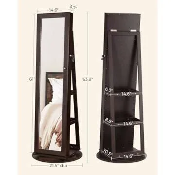 SONGMICS 360° Swivel Jewelry Cabinet, Lockable Jewelry Organizer with Full-Length Mirror, Rear Storage Shelves, Interior Mirror, Jewelry Armoire, Gift Idea, Brown UJJC006R01