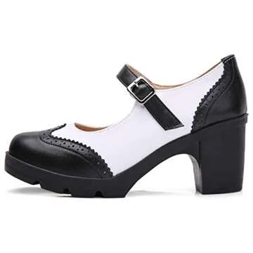 DADAWEN Women's Chunky Low Block Heels Mary Jane Closed Toe Work Pumps Comfortable Round Toe Oxfords Dress Wedding Shoes Black/White US Size 8.5