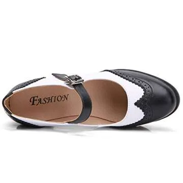 DADAWEN Women's Chunky Low Block Heels Mary Jane Closed Toe Work Pumps Comfortable Round Toe Oxfords Dress Wedding Shoes Black/White US Size 8.5