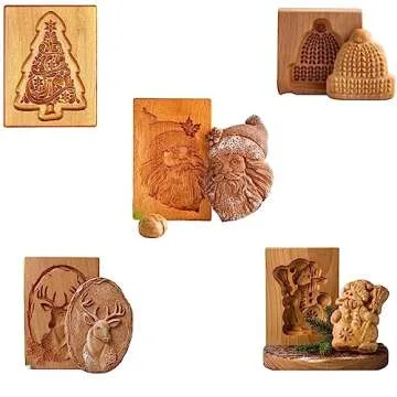 5pcs Wooden Cookie Molds for Baking, Wood Springerle Cookie Cutter Carved for Christmas,Halloween,Easter,Cookie Presses Stamps for Kitchen DIY and Family Gatherings