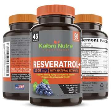 Kaibro Nutra Resveratrol 1500mg - Organic Trans-Resveratrol & Potent Antioxidants for Anti-Aging & I...