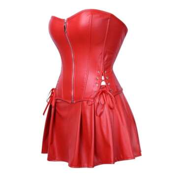 Faux Leather Corset Dress for Women Stempunk Zipper Bustier Skirt Mini Set Halloween Red 6XL