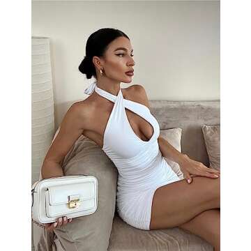 BEAGIMEG Women's Sexy Bodycon Sleeveless Criss Cross Ruched Halter Mini Dress Party Club Dress White